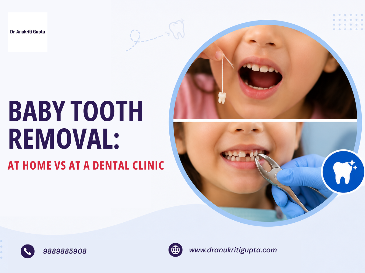 Removing a baby tooth at home vs dental clinic blog by Dr. Anukriti Gupta, Pediatric Dentist in Gurgaon.