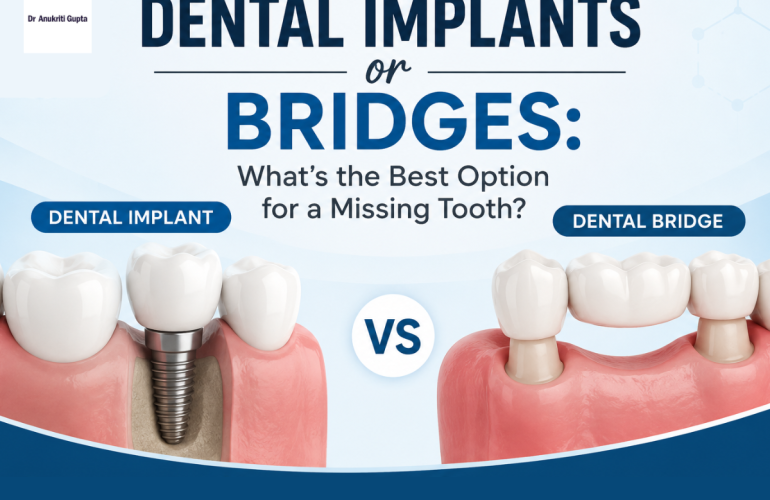 Dental implant vs dental bridge comparison showing two tooth replacement options for a missing tooth with realistic dental illustrations.
