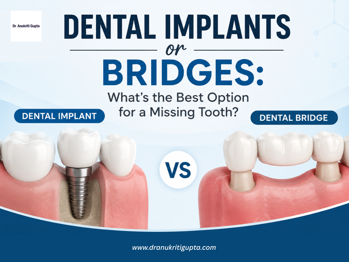 Dental implant vs dental bridge comparison showing two tooth replacement options for a missing tooth with realistic dental illustrations.