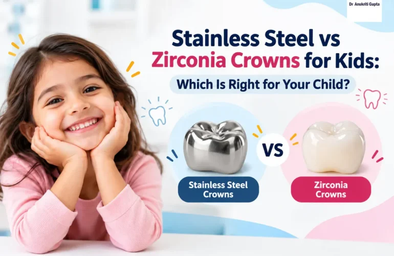 Stainless steel vs. zirconia crowns for kids, comparing two types of dental crowns for children.